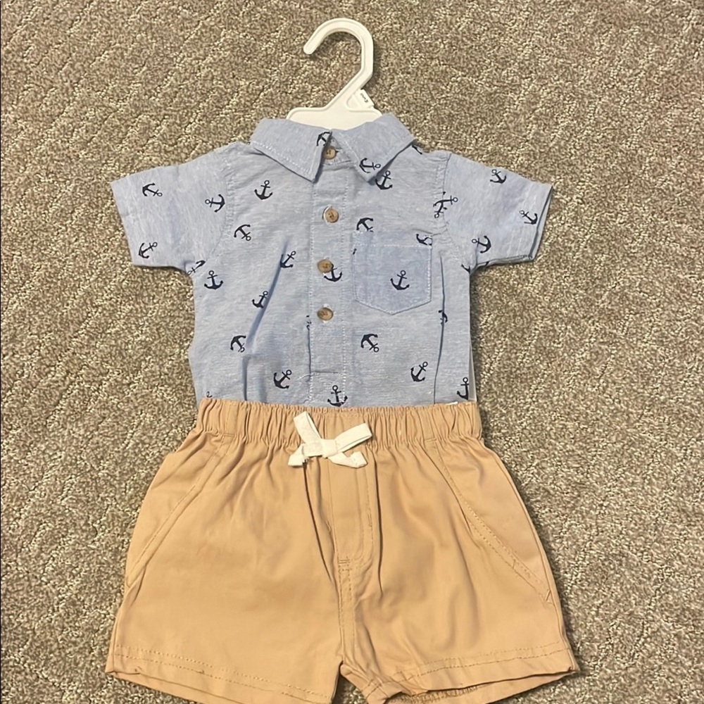 Blue Anchor Print Shirt and Tan Shorts Set
